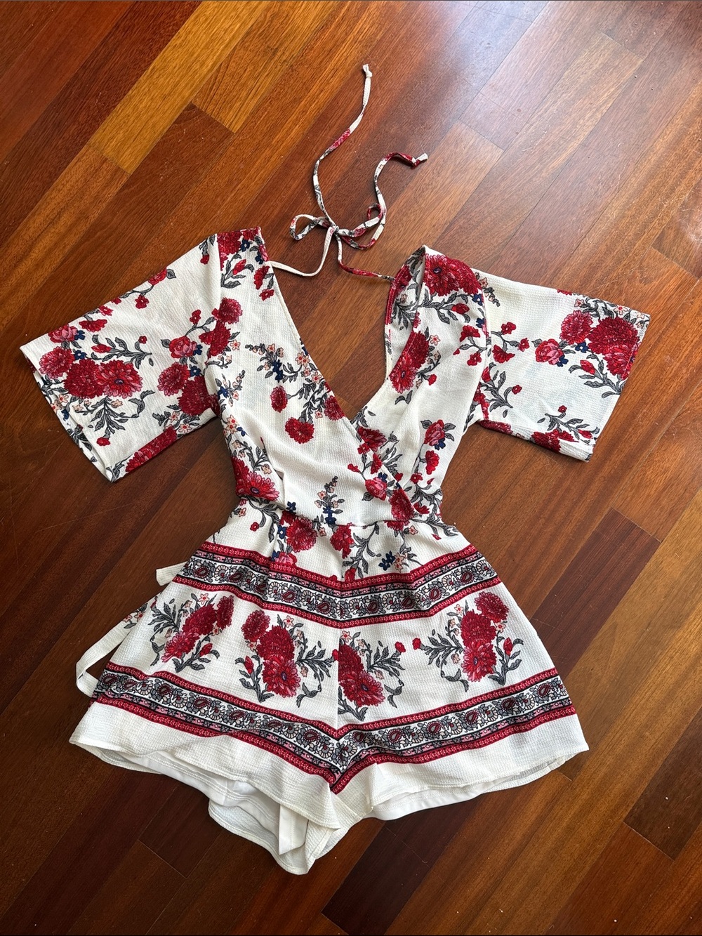 White Romper with Red Floral Print